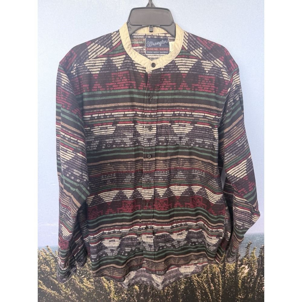 Wrangler Banded Collar Western Men's Shirt Large X-Long Tails Single Needle